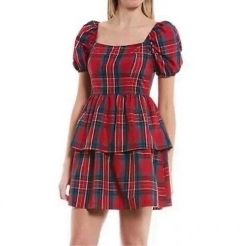 Girls Red Plaid Puff Sleeve Square Neck Tiered Ruffle Dress Copper Key Small NEW